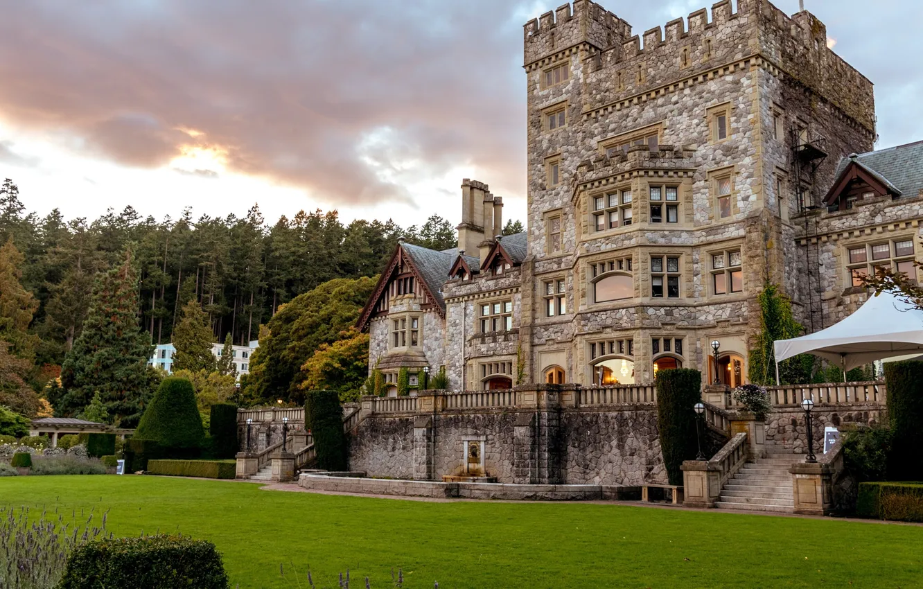 Photo wallpaper forest, the sky, clouds, trees, landscape, Park, castle, lawn