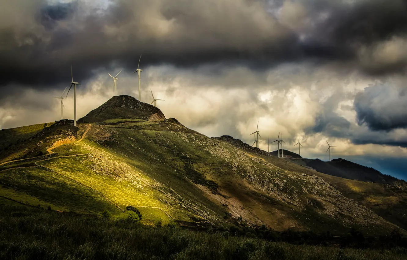 Photo wallpaper the sky, clouds, mountain, windmill
