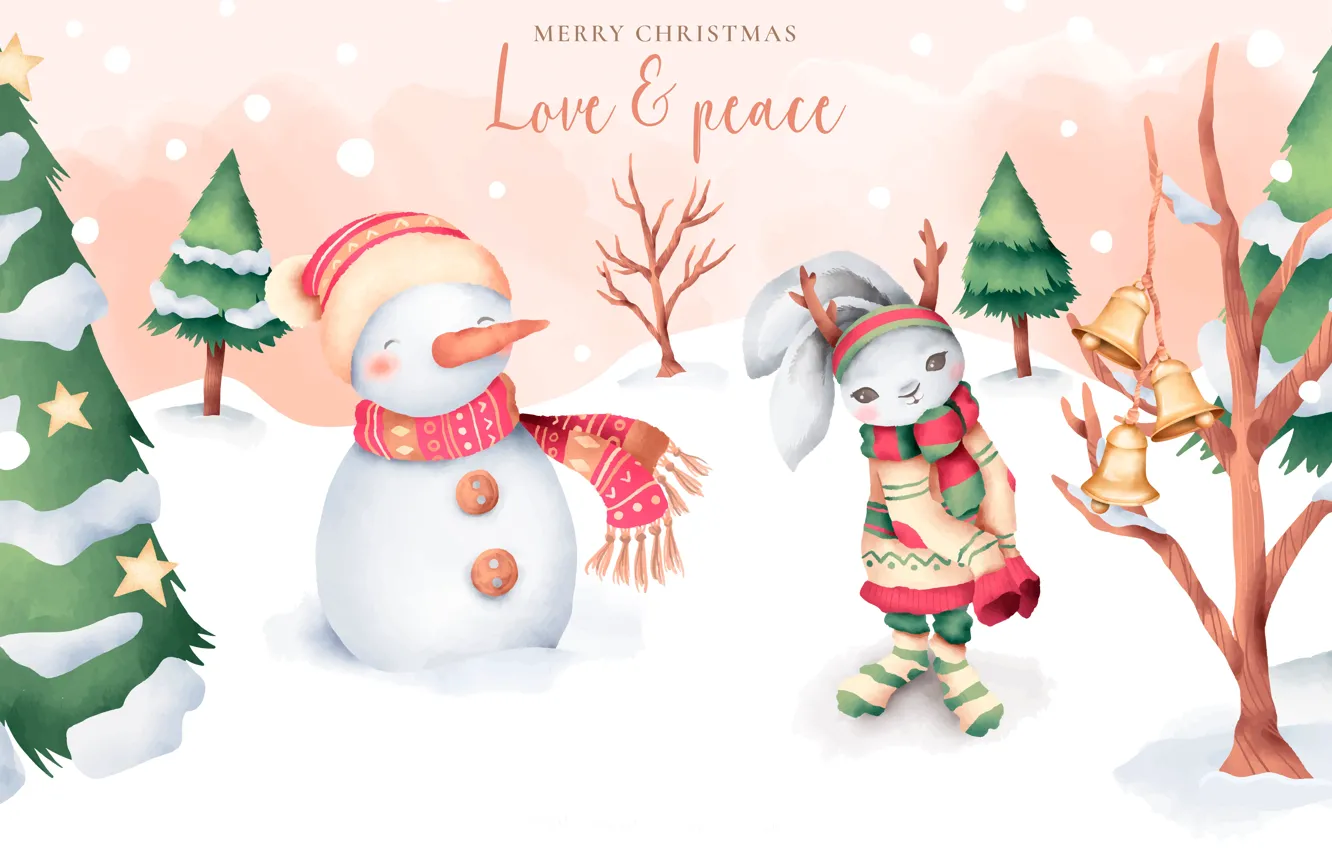 Photo wallpaper winter, snow, tree, new year, rabbit, Christmas, snowman, bells