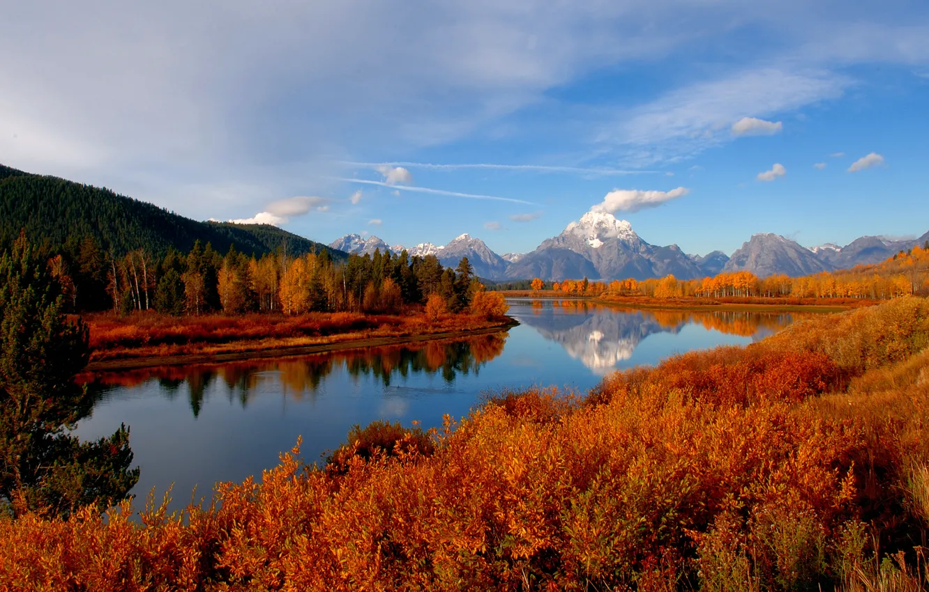 Photo wallpaper autumn, forest, the sky, river, mountain