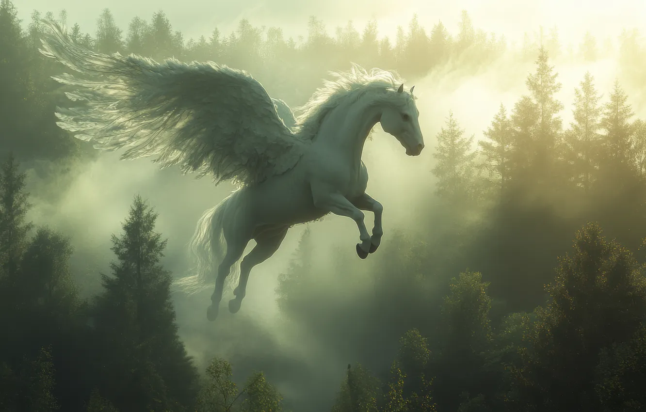 Photo wallpaper forest, trees, flight, dawn, horse, wings, Pegasus, digital art