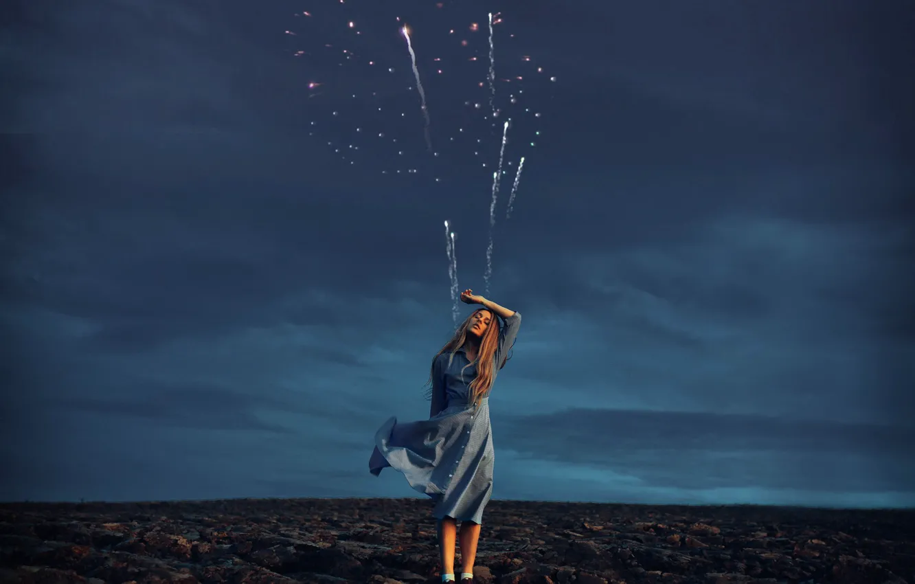 Photo wallpaper girl, dress, fireworks, arable land, Rosie Hardy