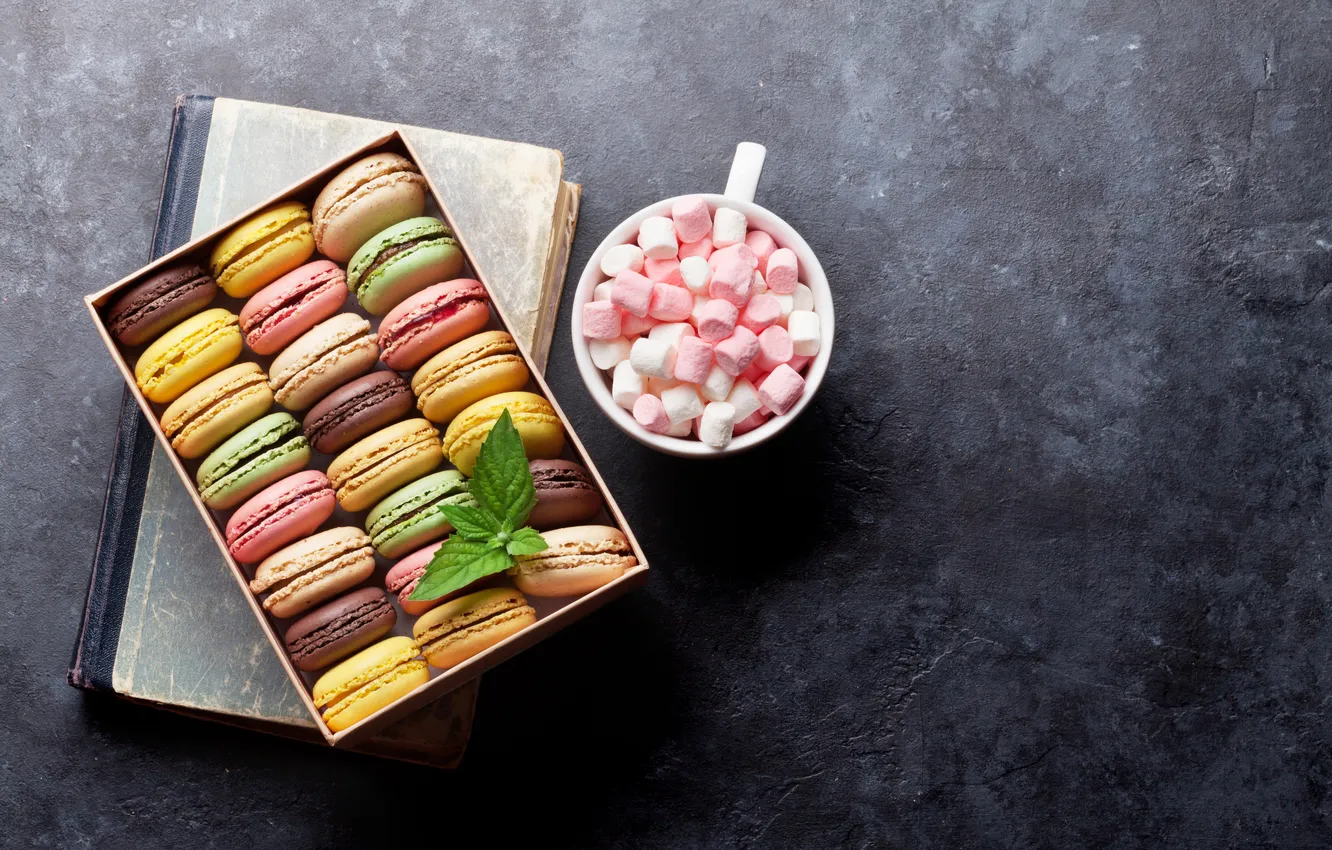 Photo wallpaper flowers, gift, colorful, wood, pink, flowers, macarons, gift box