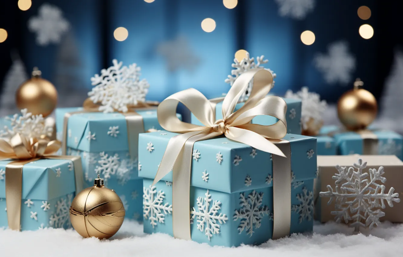 Photo wallpaper winter, snow, decoration, snowflakes, gift, balls, new year, Christmas