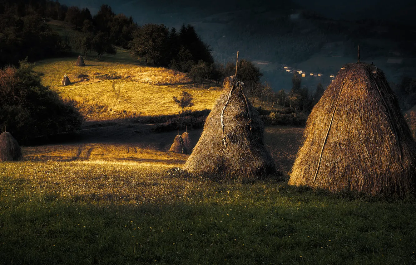 Photo wallpaper field, landscape, night, nature, stack, hay, Adnan Bubalo