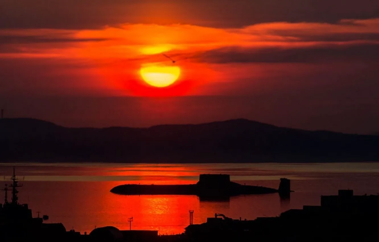 Photo wallpaper shark, the evening, submarine, dawn