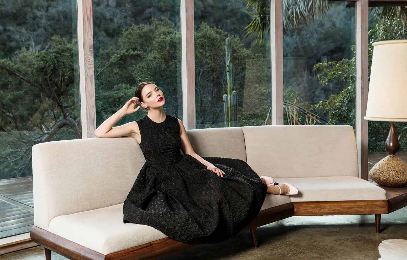 Photo wallpaper interior, makeup, garden, dress, actress, brunette, window, hairstyle