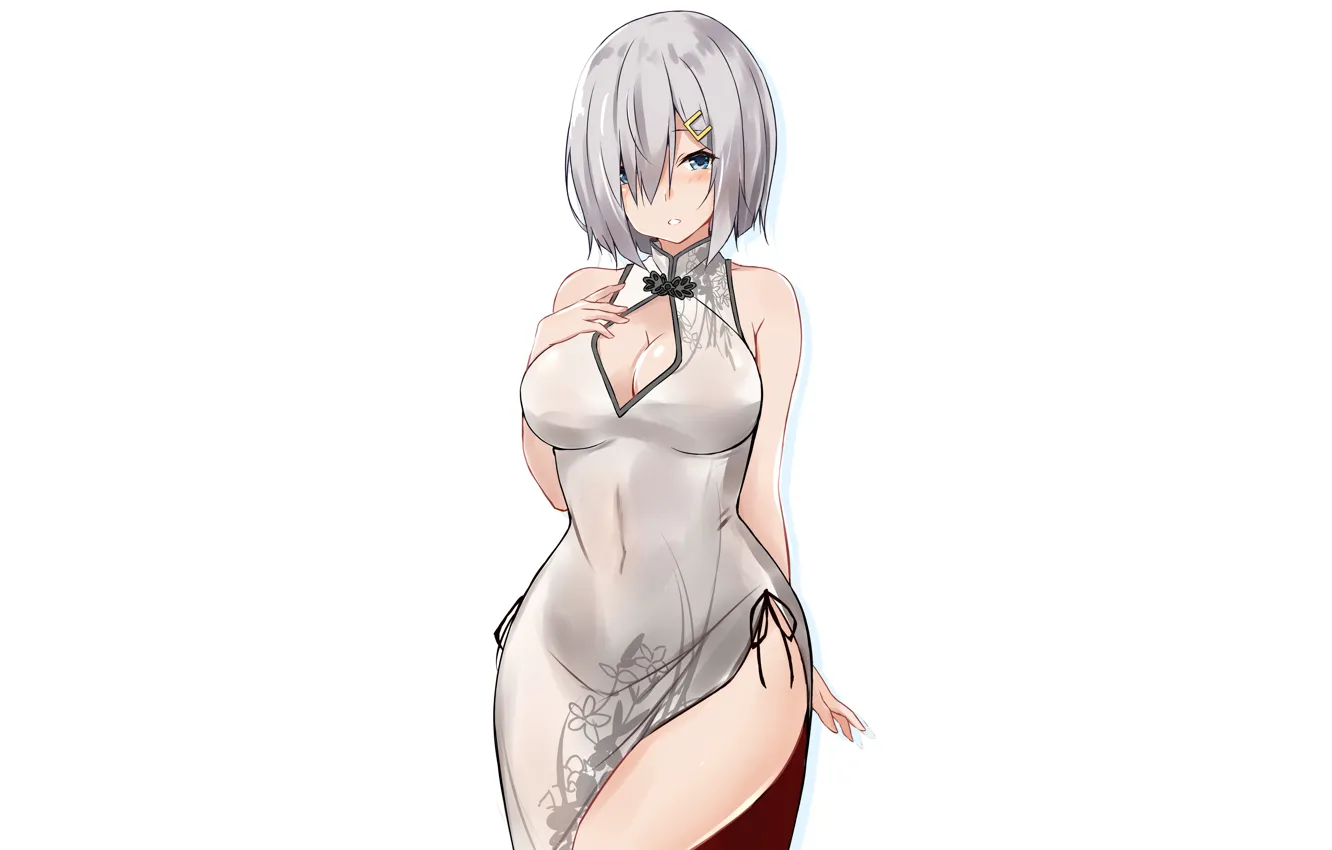 Photo wallpaper girl, sexy, cleavage, dress, boobs, anime, blue eyes, beautiful