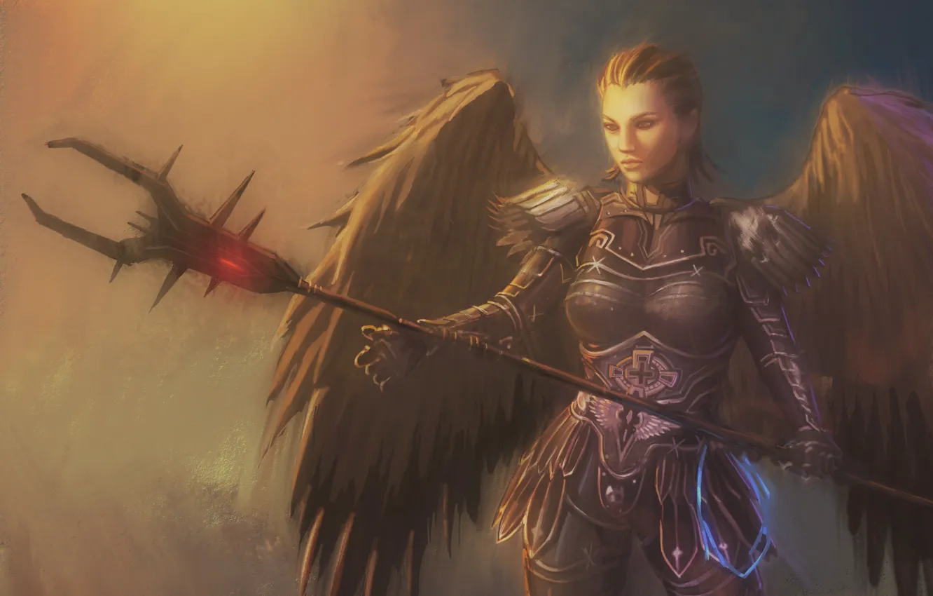 Photo wallpaper girl, wings, angel, warrior, art, spear, Archangel