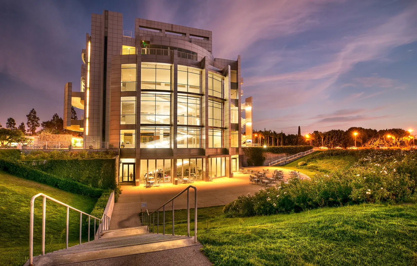 Photo wallpaper grass, night, design, lights, building, lights, CA, ladder