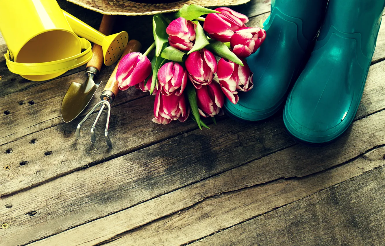 Photo wallpaper flowers, bouquet, spring, boots, tulips, lake