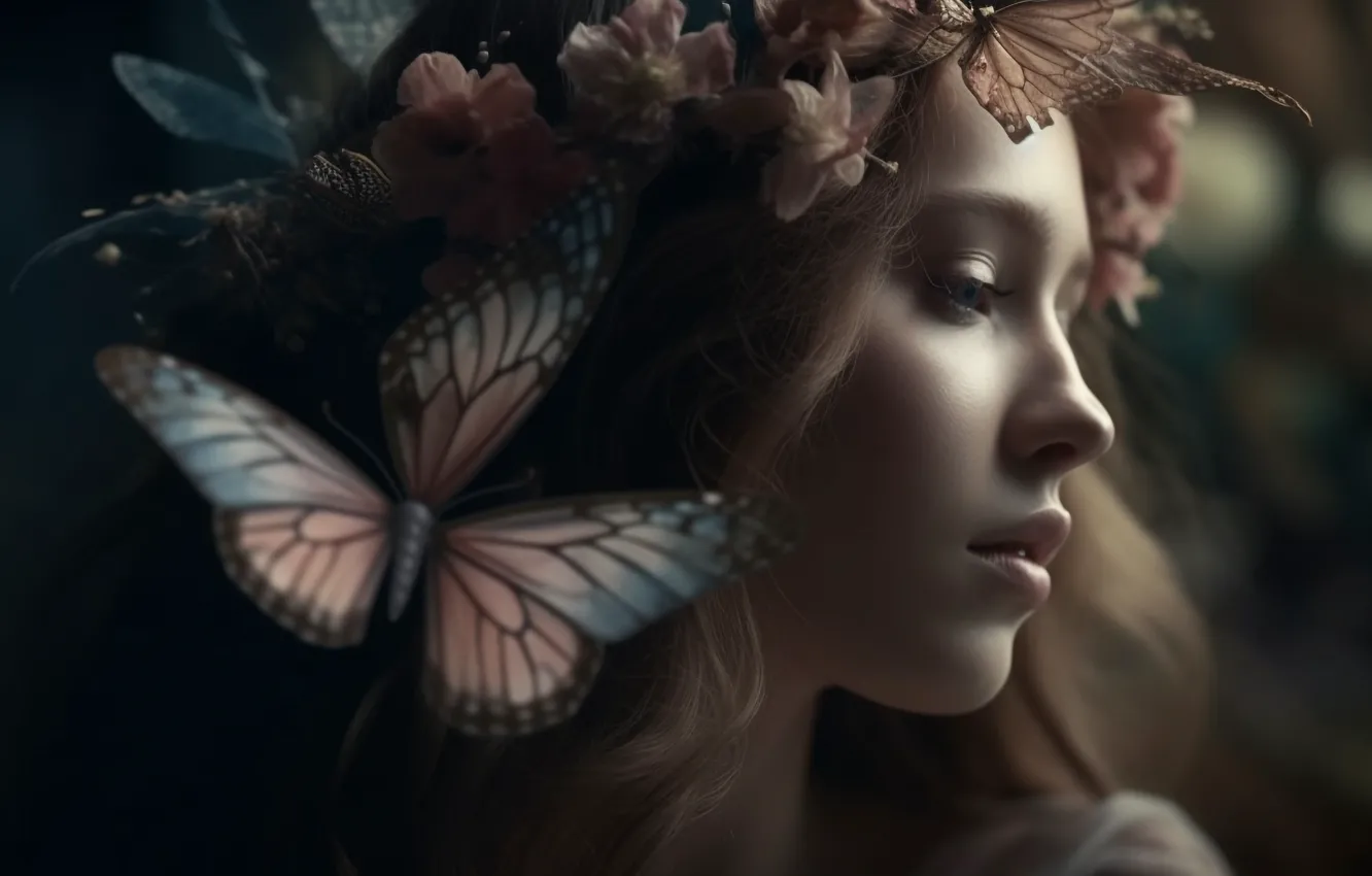 Photo wallpaper girl, flowers, face, butterfly, digital art, AI art, The Art of Artificial Intelligence, neural network