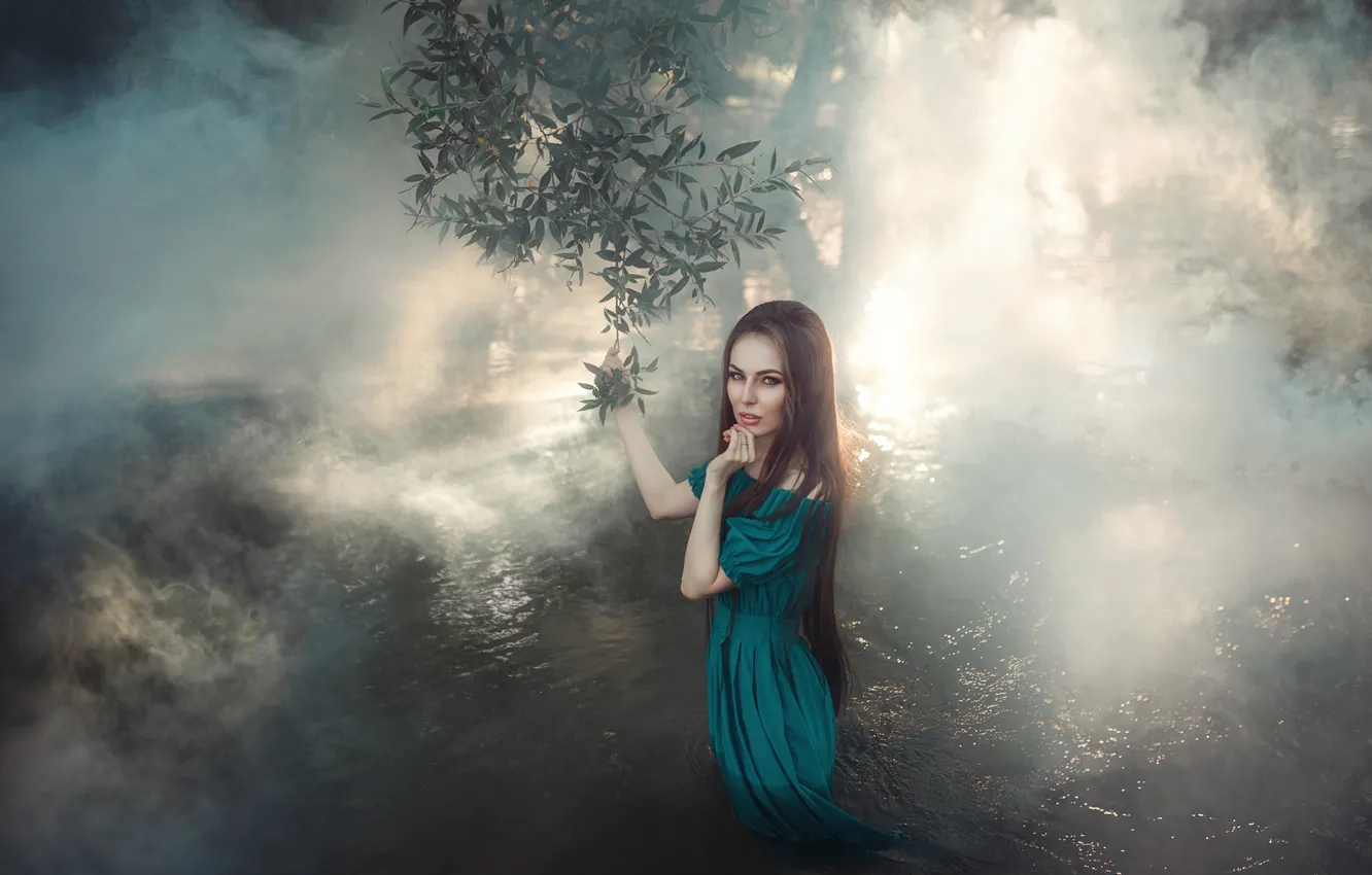 Photo wallpaper leaves, water, branches, fog, Girl, dress, Albina Shakirova