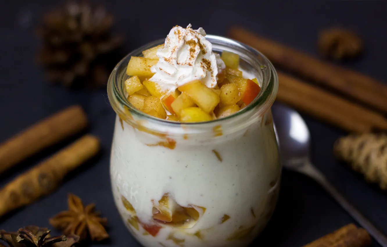 Photo wallpaper food, cream, fruit, cinnamon, dessert, sweet, vanilla, yogurt