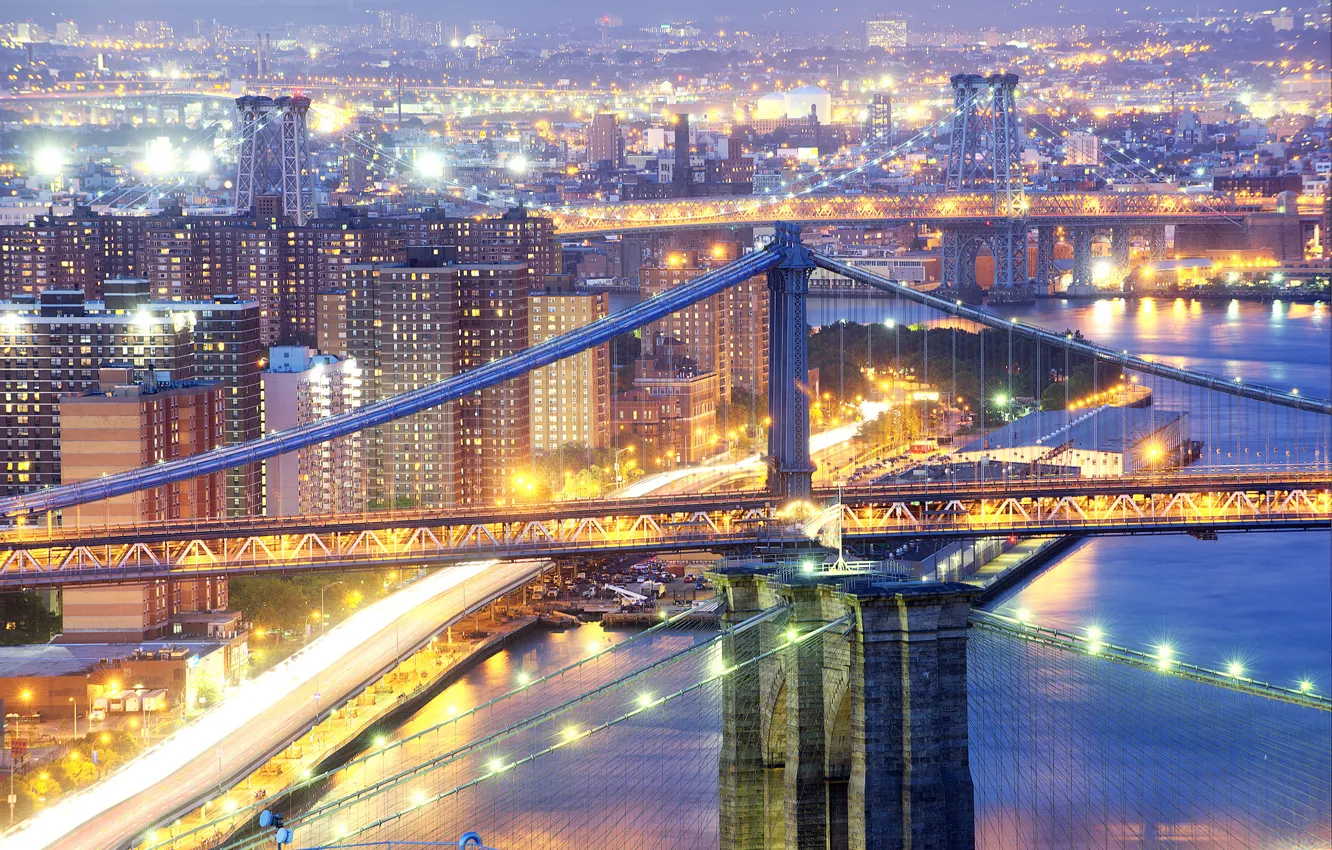Photo wallpaper night, bridge, the city, lights, New York, excerpt, Brooklyn, USA