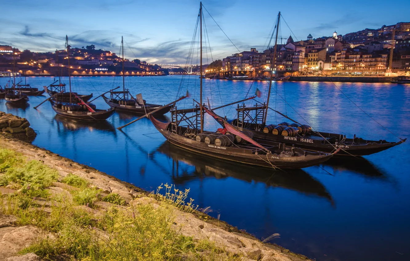 Photo wallpaper the city, river, boat, home, the evening, lighting, port, Portugal