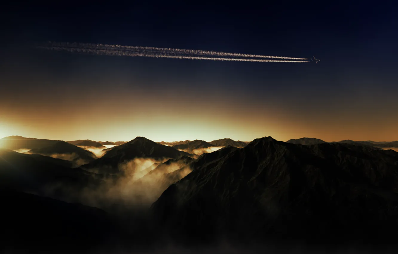 Photo wallpaper the sun, mountains, fog, dawn, the plane