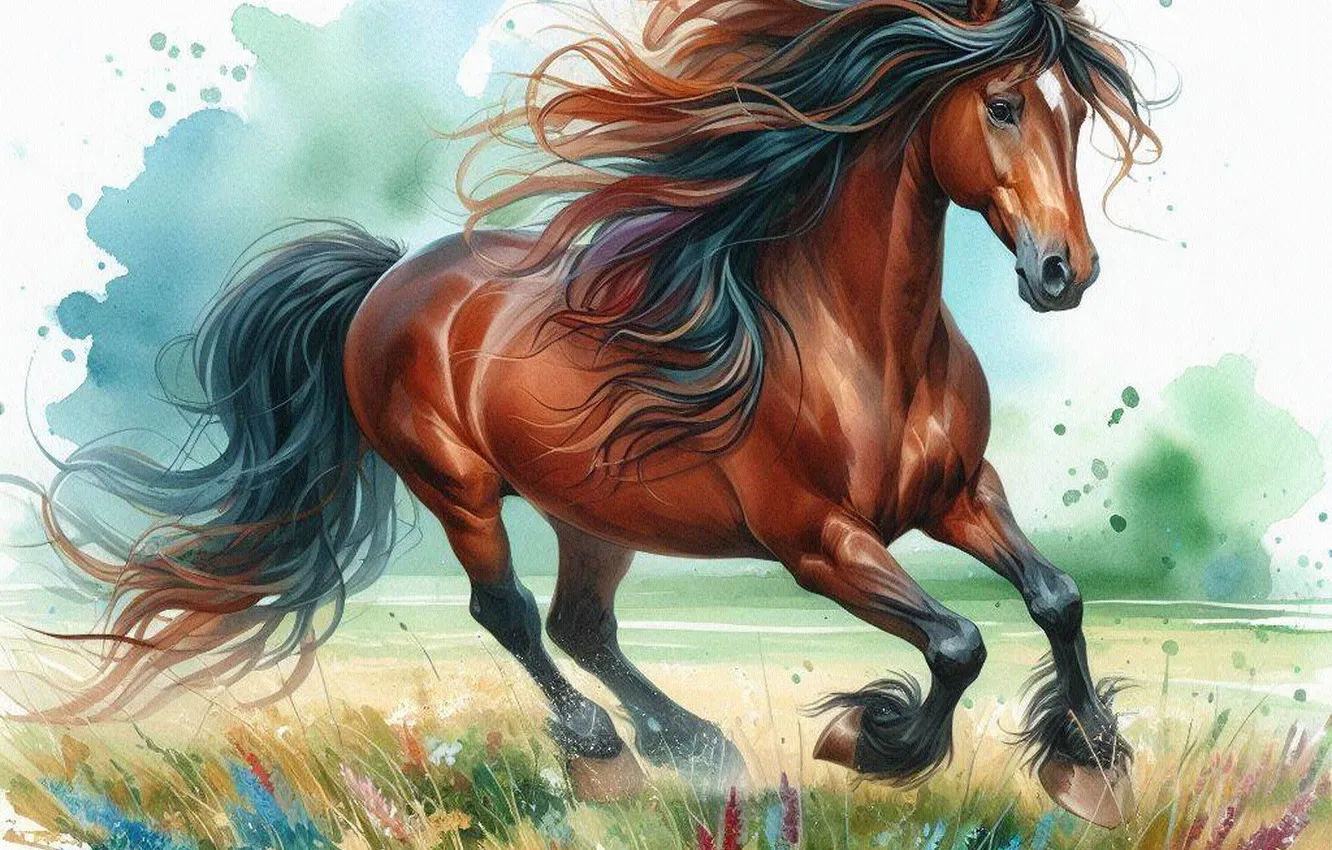 Photo wallpaper field, horse, horse, running, chestnut, imitation painting, AI art, neural network