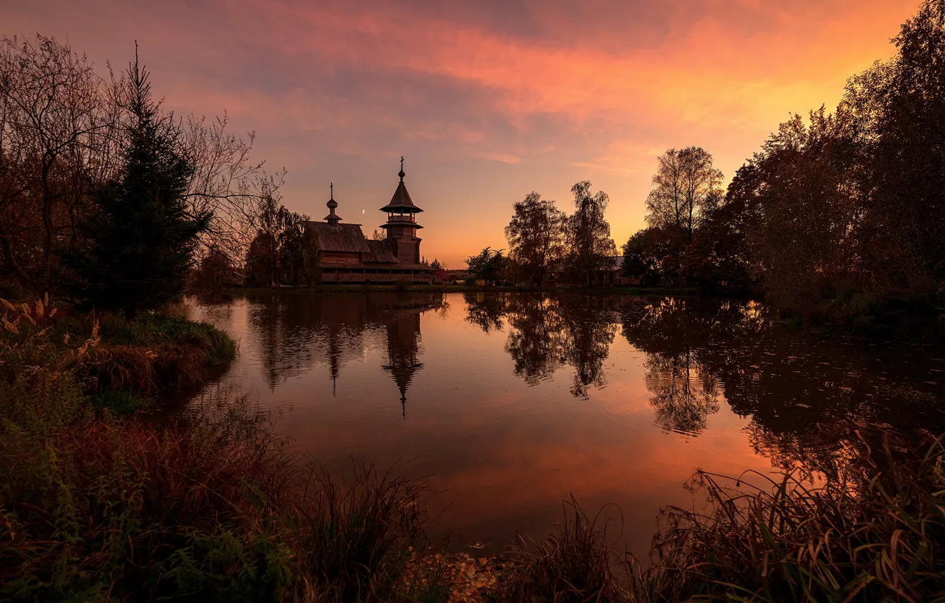 Photo wallpaper night, lake, temple