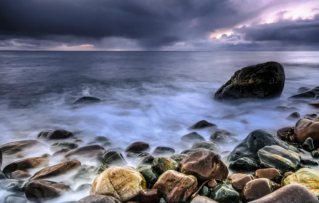 Photo wallpaper sea, clouds, clouds, stones, overcast, shore