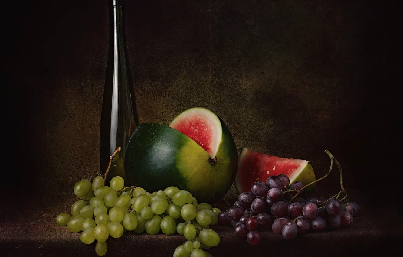 Photo wallpaper the dark background, wine, bottle, watermelon, grapes, still life, slices