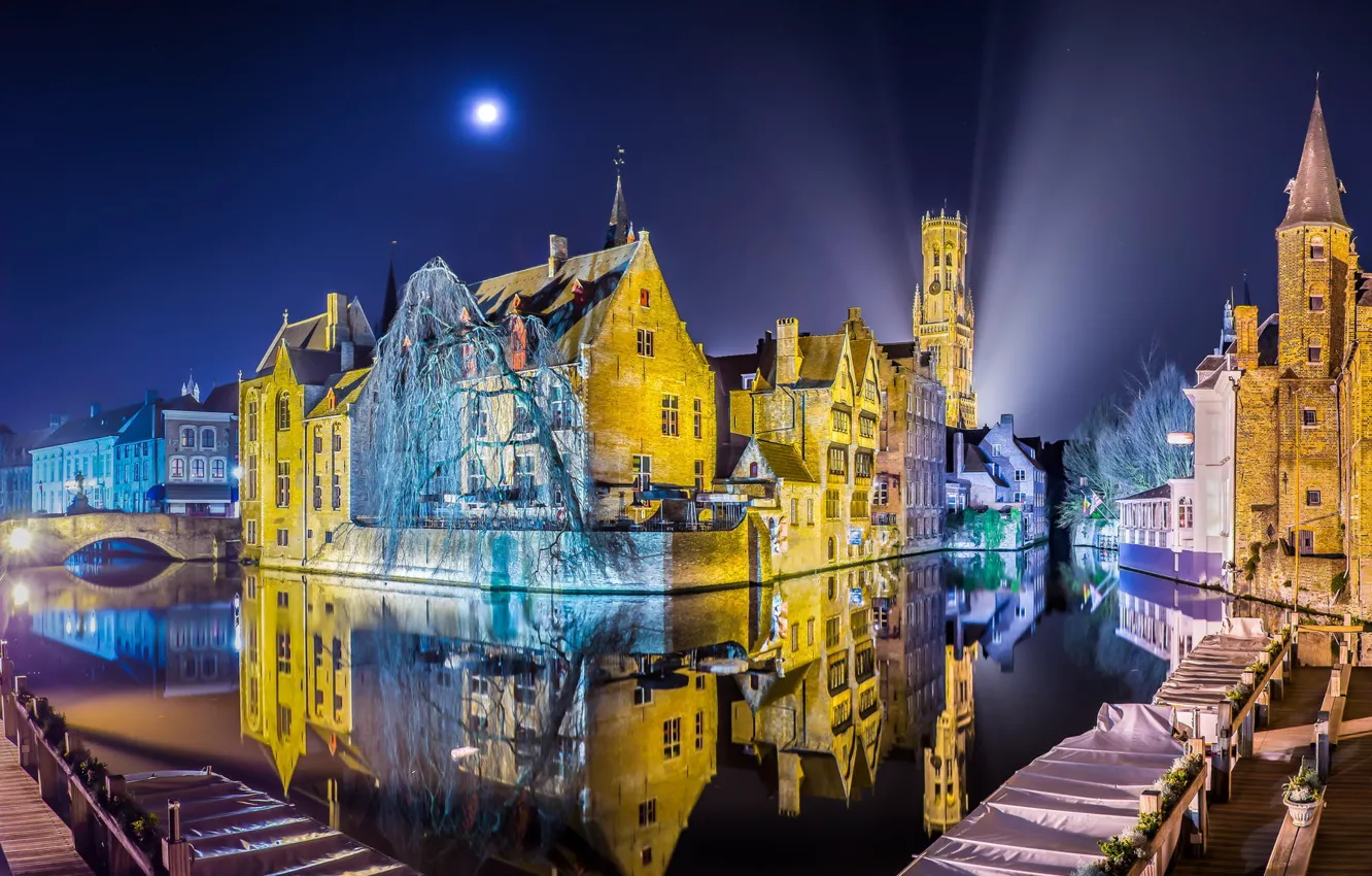 Photo wallpaper night, Belgium, Panorama of Bruges