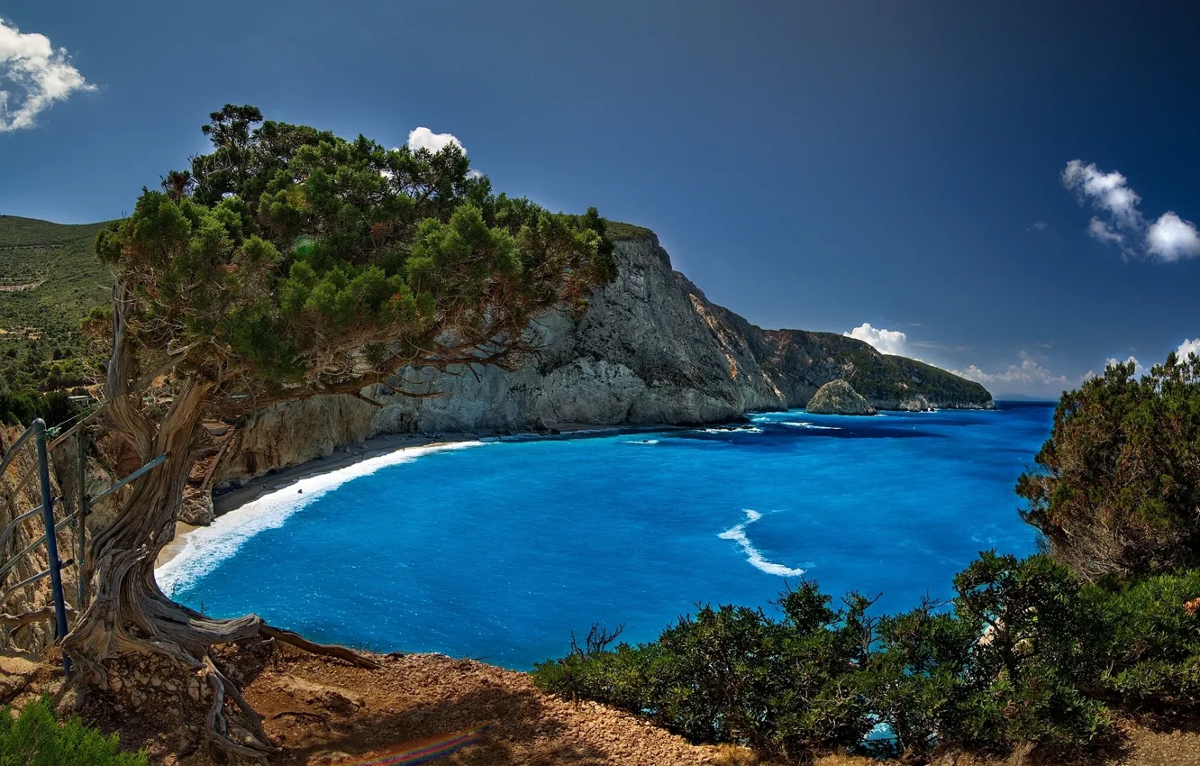Photo wallpaper beach, trees, rocks, coast, Greece, Greece, Lefkada, Lefkada