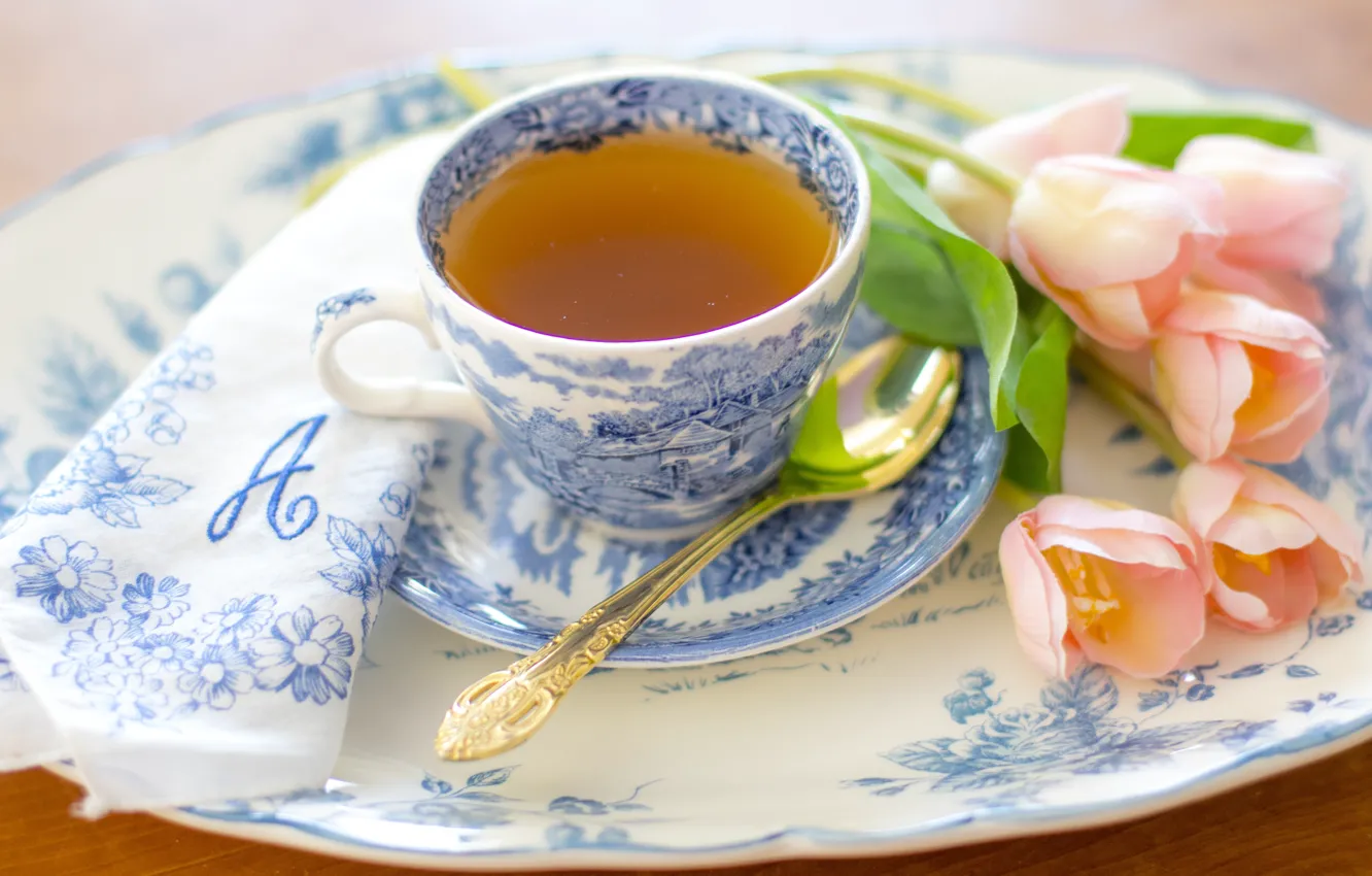 Photo wallpaper flowers, tea, Cup, tulips, plates, dishes, drink, napkin