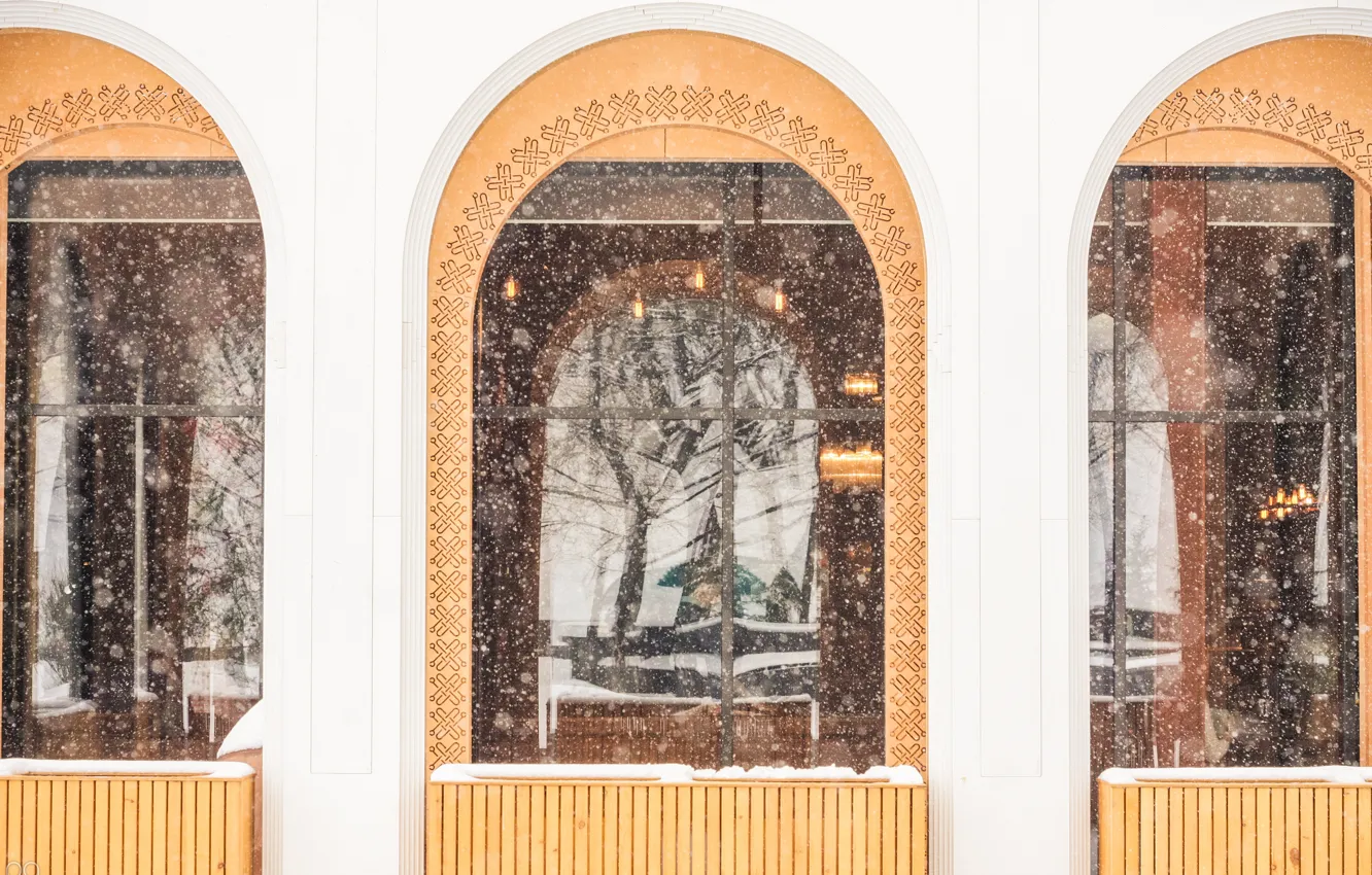 Photo wallpaper winter, white, snow, photo, photo, Windows, minimalism, bar