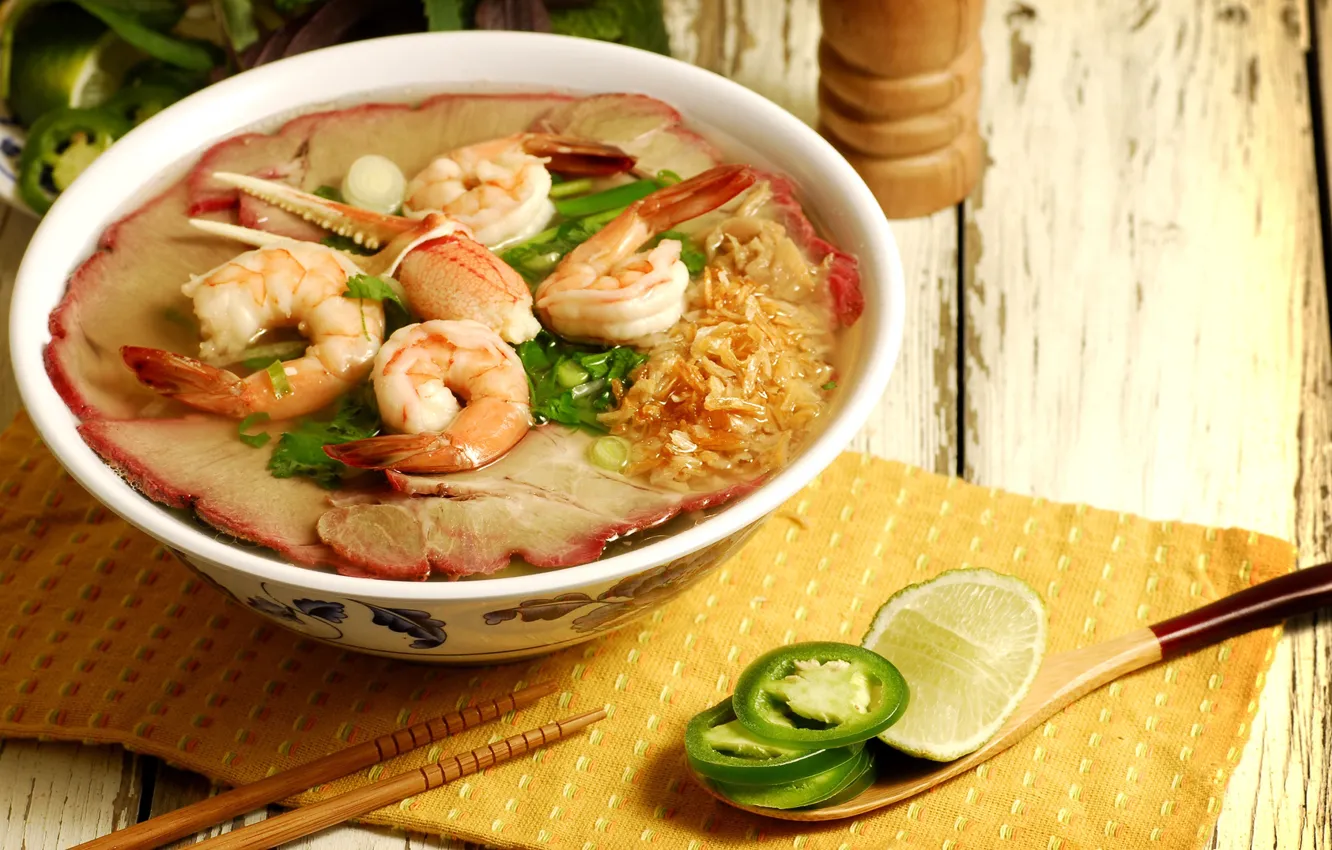 Photo wallpaper plate, soup, meat, vegetables, shrimp, seafood