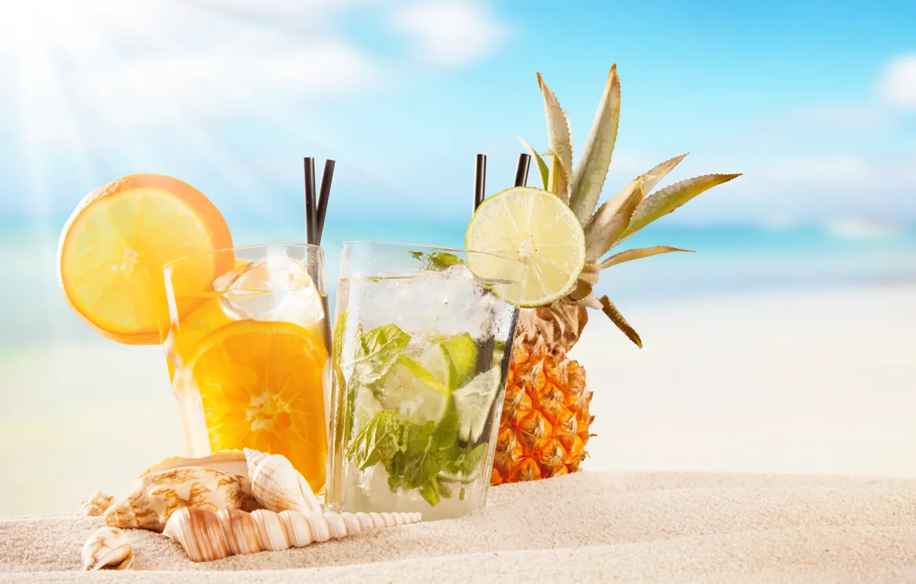 Photo wallpaper sea, beach, cocktail, summer, fruit, beach, fresh, sea