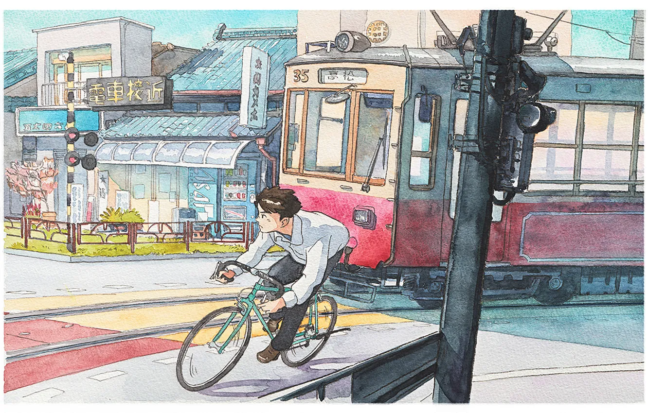 Photo wallpaper bike, the city, Japan, watercolor, tram