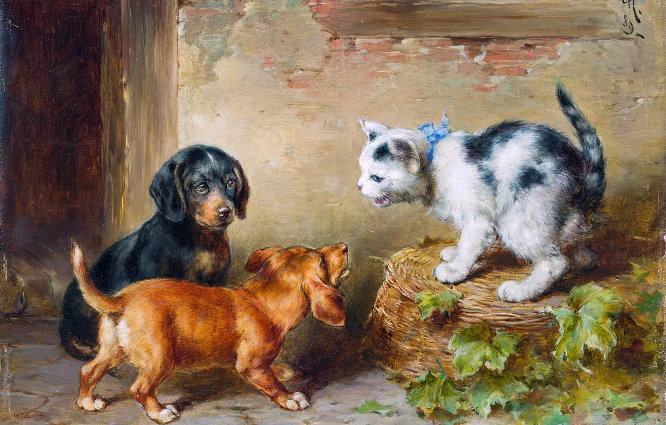 Photo wallpaper Puppies, Picture, Dogs, Kitty, Three, Carl Reichert, Carl Reichert, Austrian painter