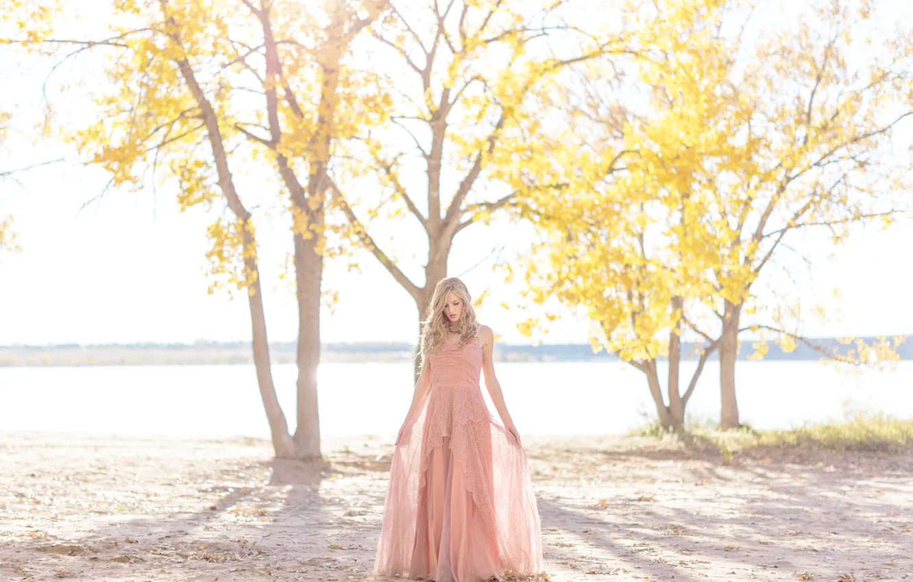 Photo wallpaper girl, tree, dress, blonde