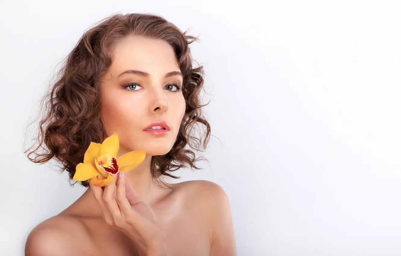 Photo wallpaper flower, look, girl, yellow, makeup, hairstyle, white background, brown hair