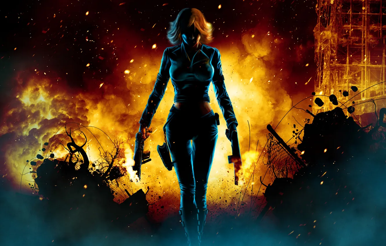 Photo wallpaper girl, the explosion, darkness, weapons, flame, sparks, the ruins