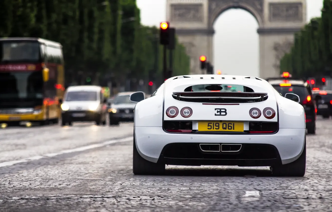 Photo wallpaper white, machine, the city, Bugatti, arch, Veyron, white, Bugatti