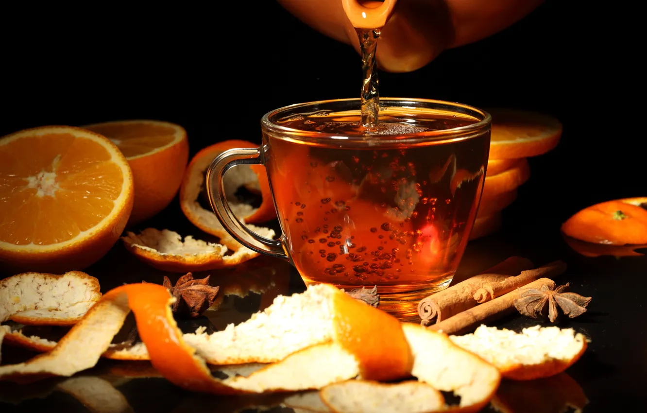 Photo wallpaper oranges, Cup, drink, cinnamon, peel, star anise, teapot