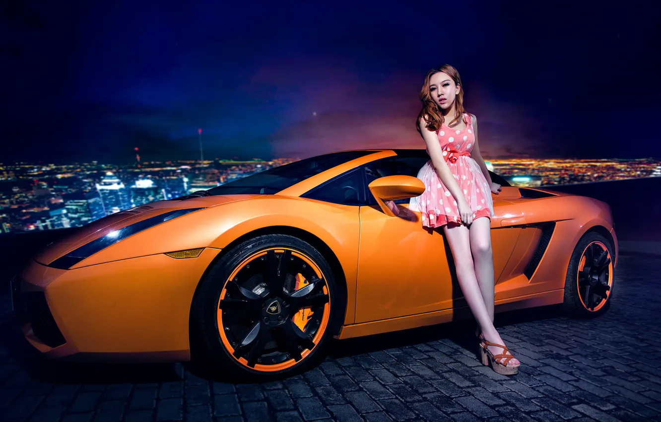 Photo wallpaper machine, auto, girl, model, Asian, car, Lamborghini Gallardo, korean model