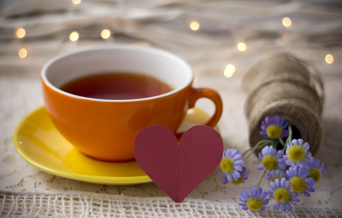 Photo wallpaper light, love, flowers, lights, table, holiday, tea, heart