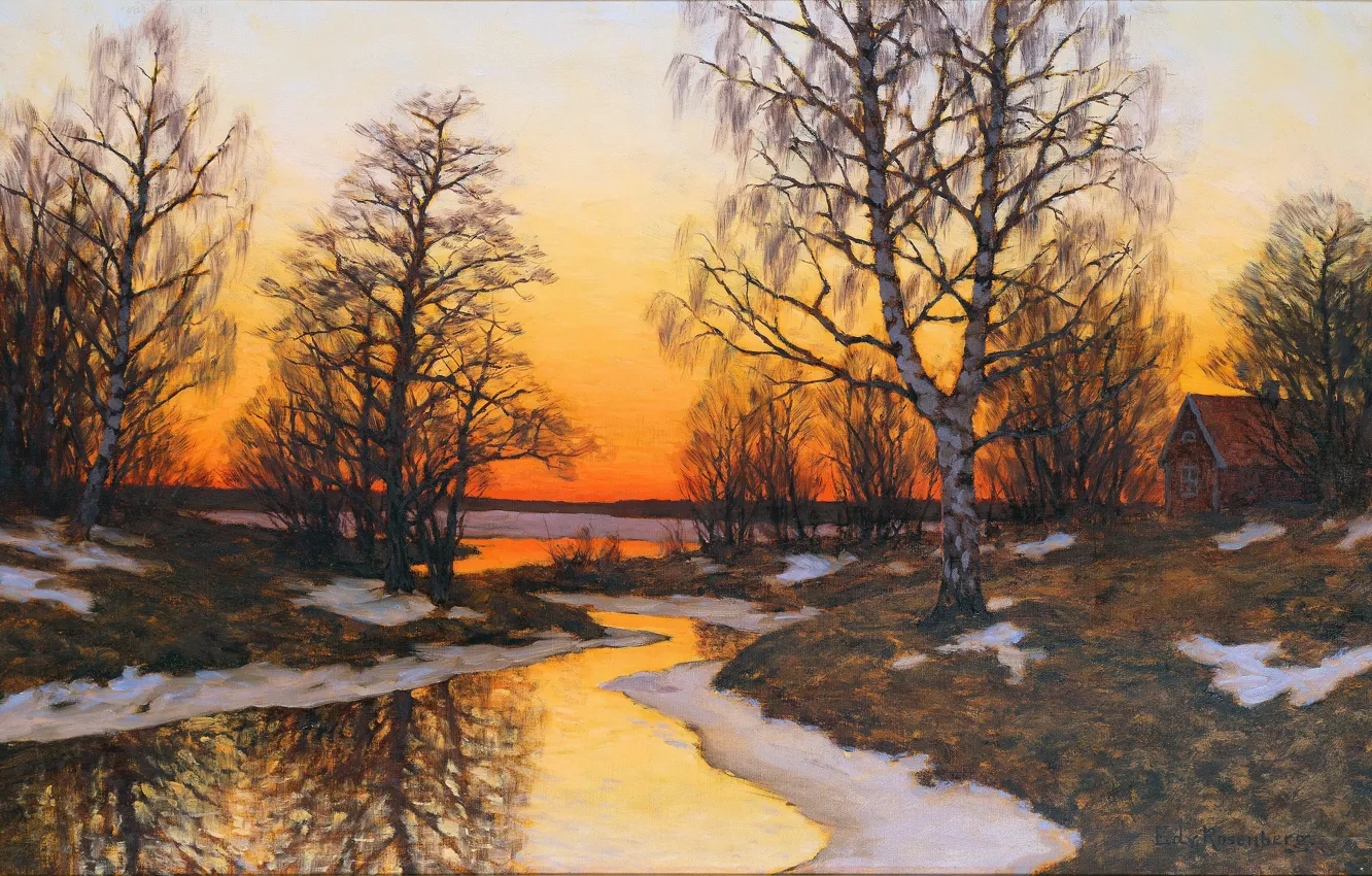 Photo wallpaper Trees, Snow, House, Picture, River, Swedish artist, Edvard Rosenberg, Winter landscape at dusk