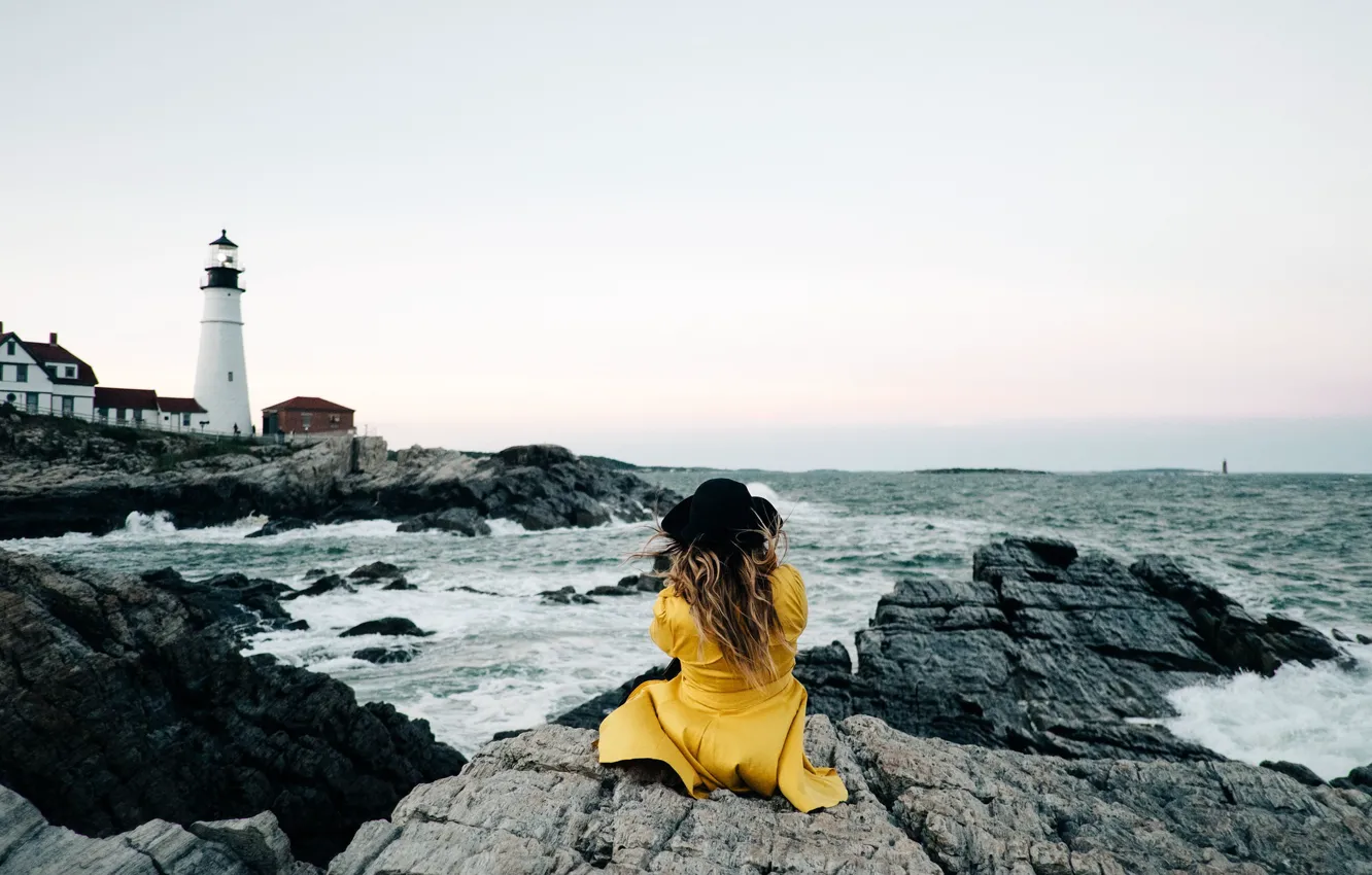 Photo wallpaper girl, lighthouses, troubled sea