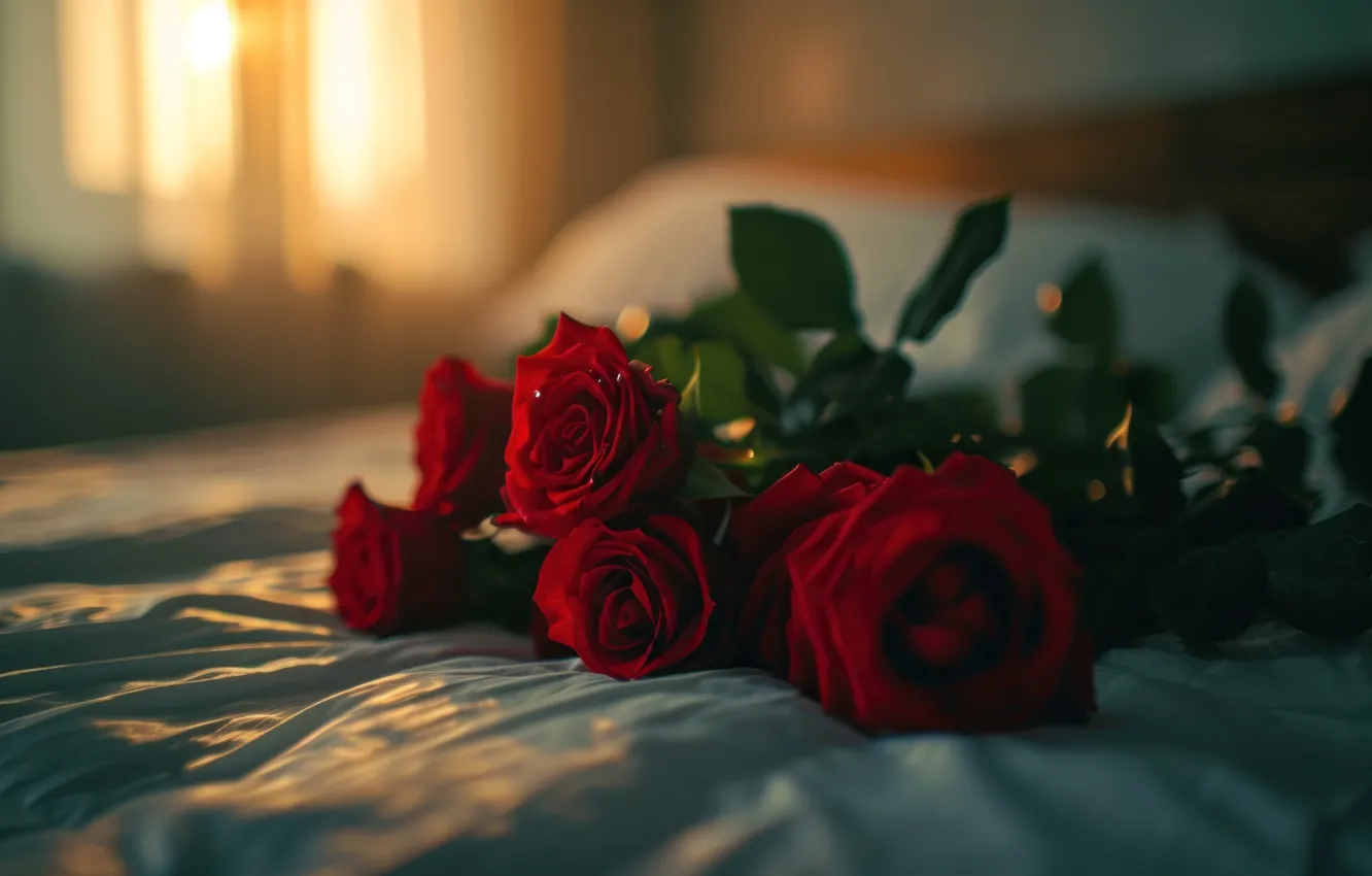 Photo wallpaper flowers, red, roses, bouquet, bed, AI art