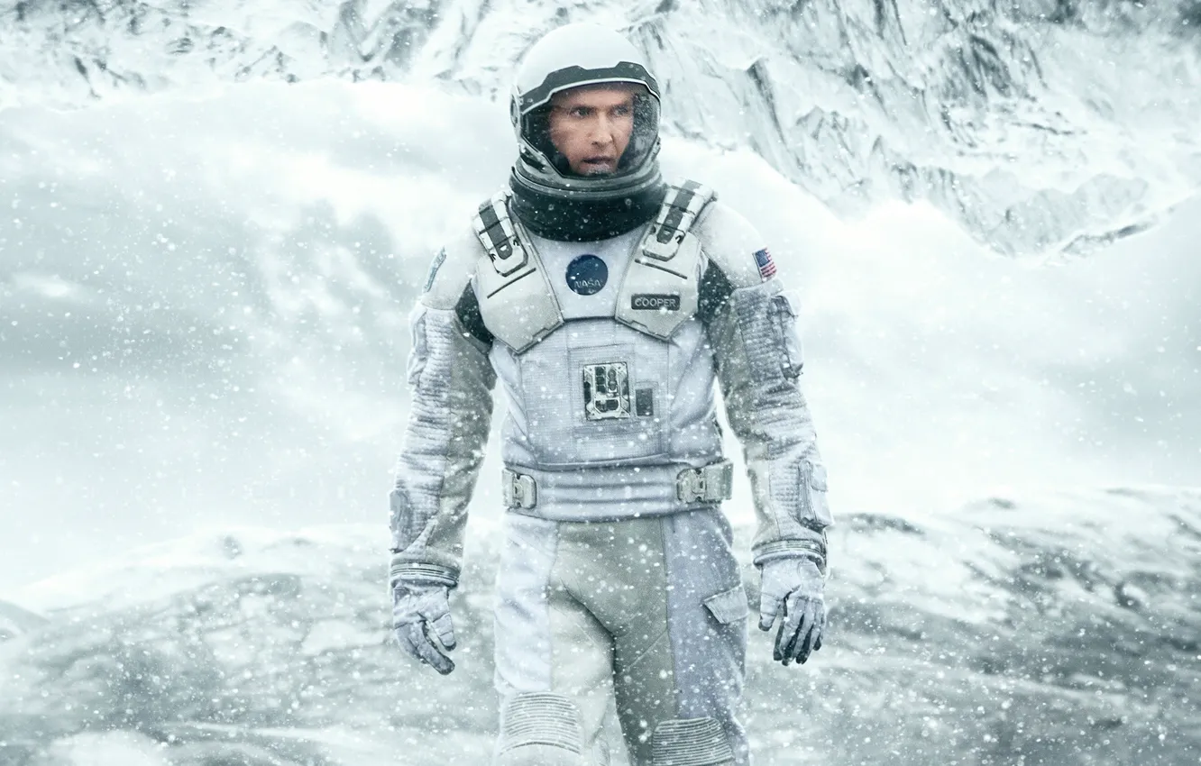Photo wallpaper Cooper, cinema, ice, NASA, mountains, snow, man, movie