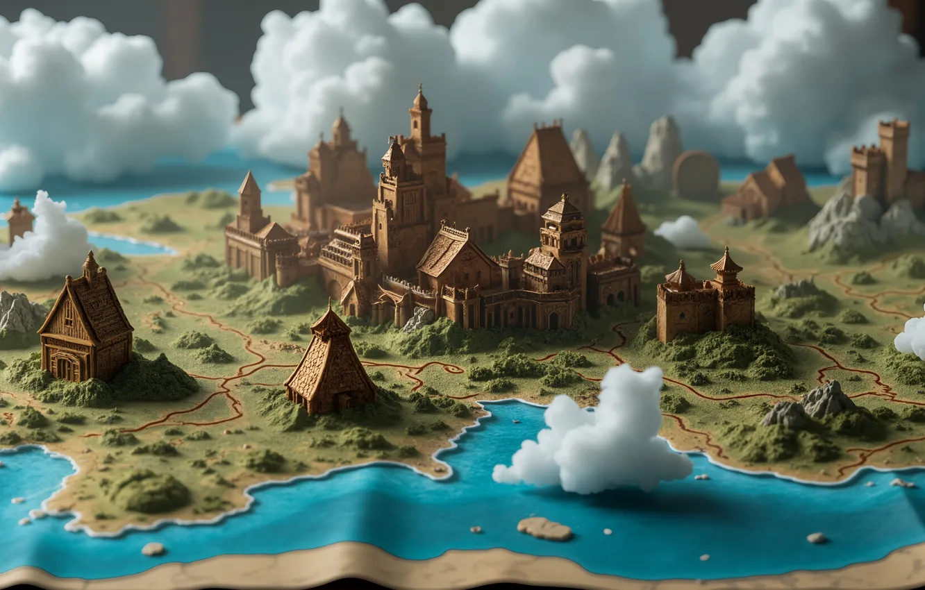 Photo wallpaper clouds, island, tower, map, home, fortress