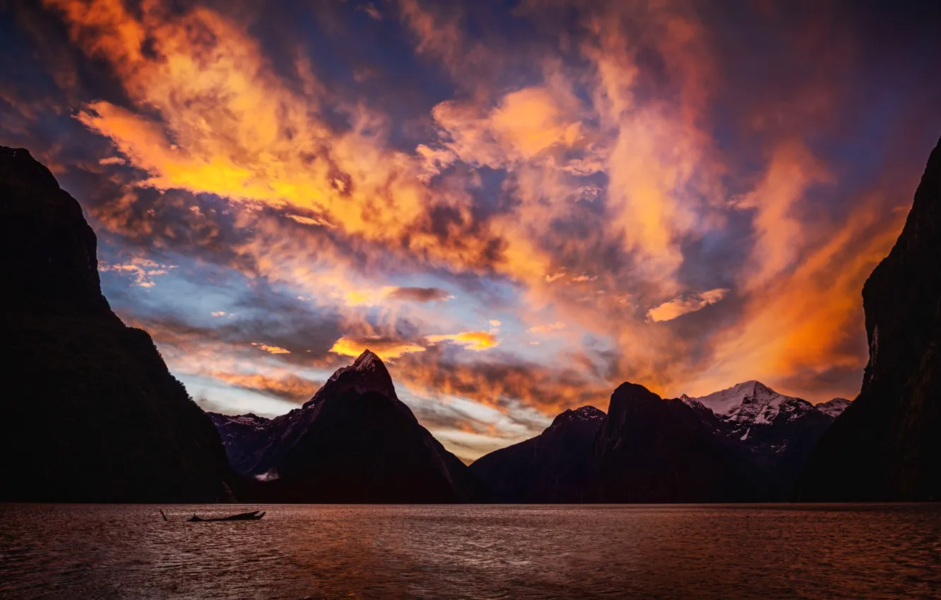 Photo wallpaper the sky, clouds, sunset, mountains, lake, the evening, hdr