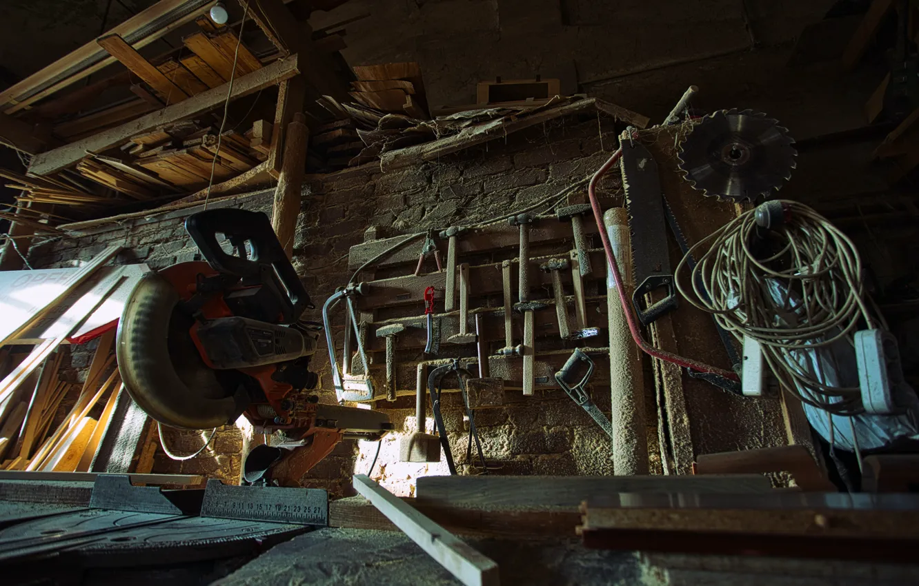 Photo wallpaper table, dust, hammer, saw, workplace, sawdust