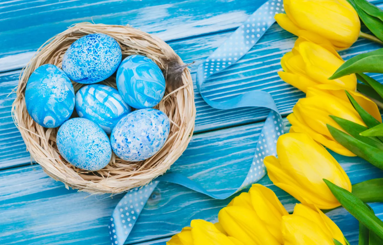 Photo wallpaper flowers, yellow, eggs, bouquet, colorful, Easter, tulips, yellow