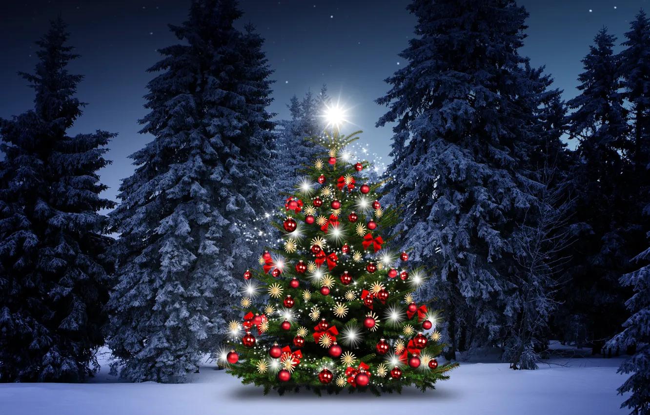 Photo wallpaper winter, snow, decoration, snowflakes, balls, tree, New Year, Christmas