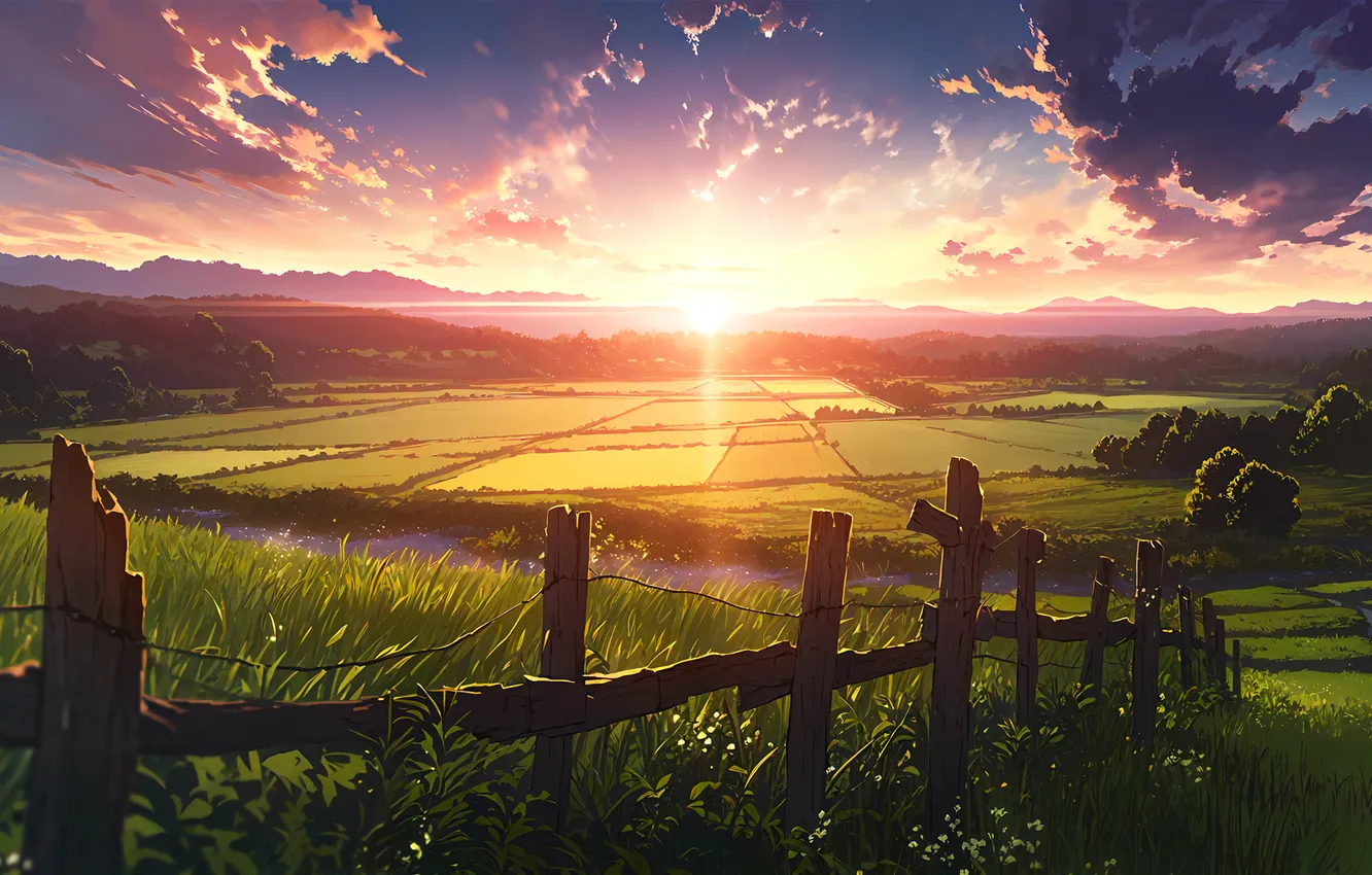 Photo wallpaper field, clouds, sunset, figure, the fence